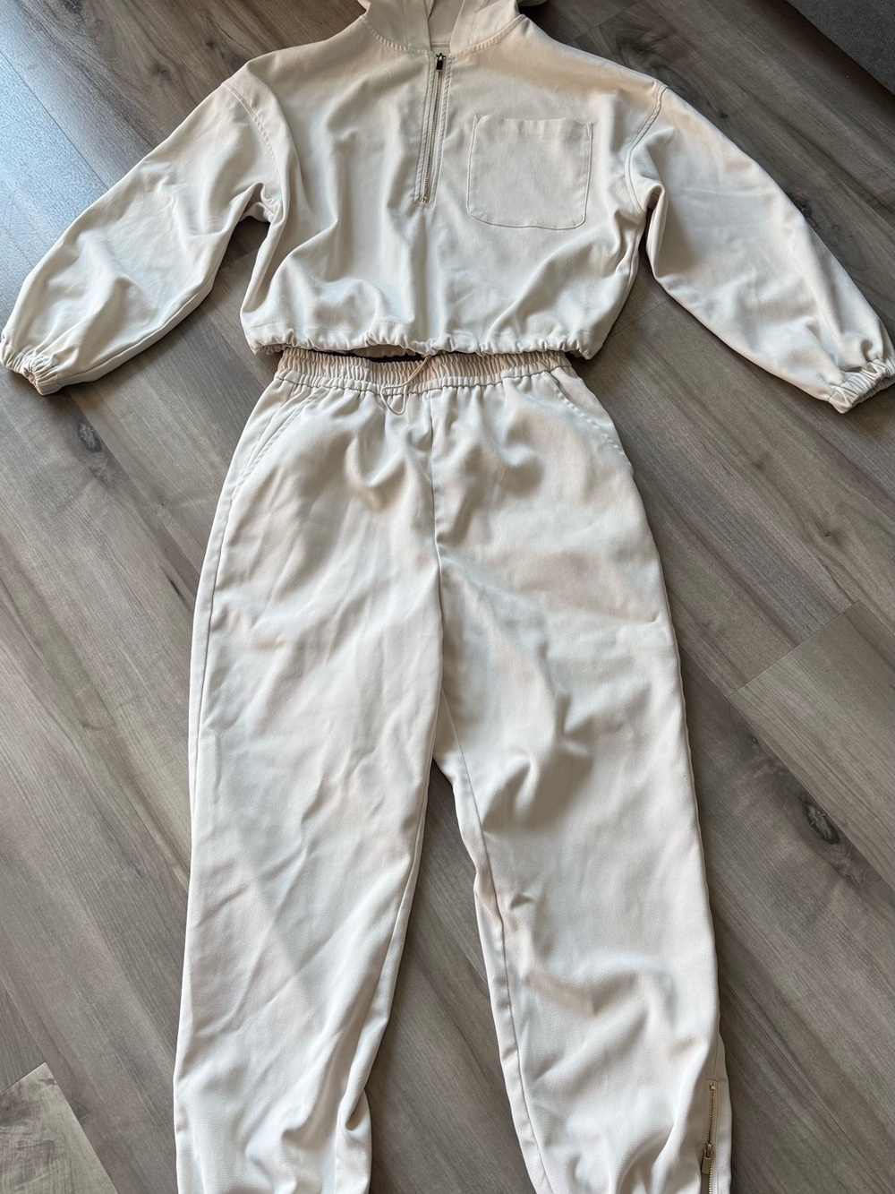 Cropped Cream Hooded Jumpsuit with Elastic Waist